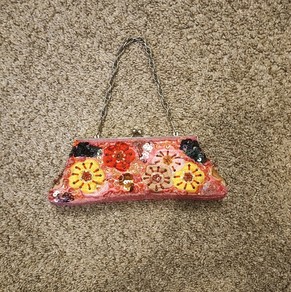Floral Beaded Pink Clutch